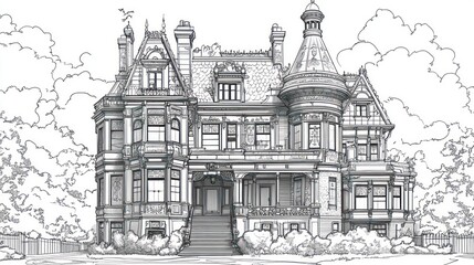 Detailed line drawing of ornate Victorian house