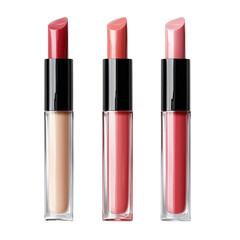 Sleek, modern lip gloss tubes with reflective surfaces, isolated transparent background.