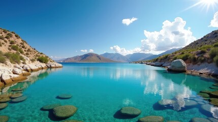 Balos Lagoon in Greece with hot, sunny summer weather at midday, captured from a panoramic perspective.