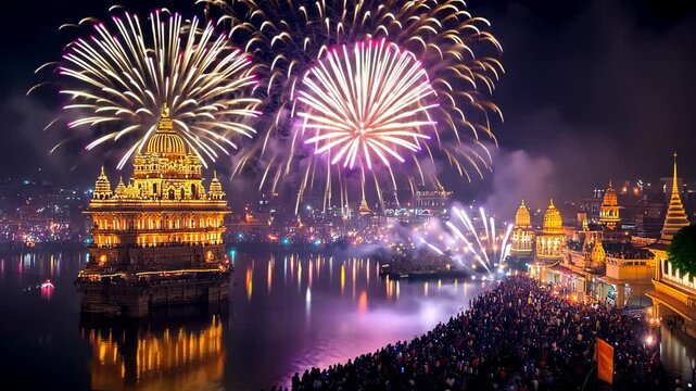 Fireworks light up the sky over a golden temple during Bandi Chhor Divas, a Sikh celebration of liberation and light, coinciding with Diwali night. High quality 4k footage