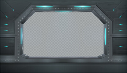 Window of space shuttle or spaceship. Vector realistic style, game design of secret laboratory or bunker with neon lights and empty space. Mockup for view or scenery, cosmos and universe exploration © Sensvector