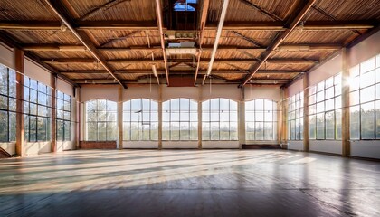 spacious empty warehouse interior with large classic wooden beams bright natural light filtering through expansive windows and a serene atmosphere