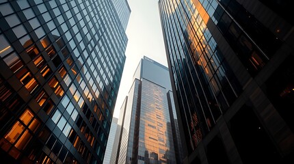 Fototapeta premium Skyward Gaze: A dramatic, upward perspective of modern, sun-kissed skyscrapers showcasing intricate architectural details and reflective glass facades.