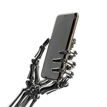 A 3D Illustration Of Skeleton Hand Holding Black Phone Isolated