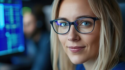 Woman wearing glasses smiling at camera with bright expression and natural lighting enhancing her features