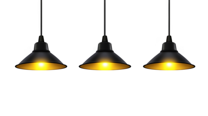 Isolated Three Modern Black Lamps With Yellow Lights In Transparent Background