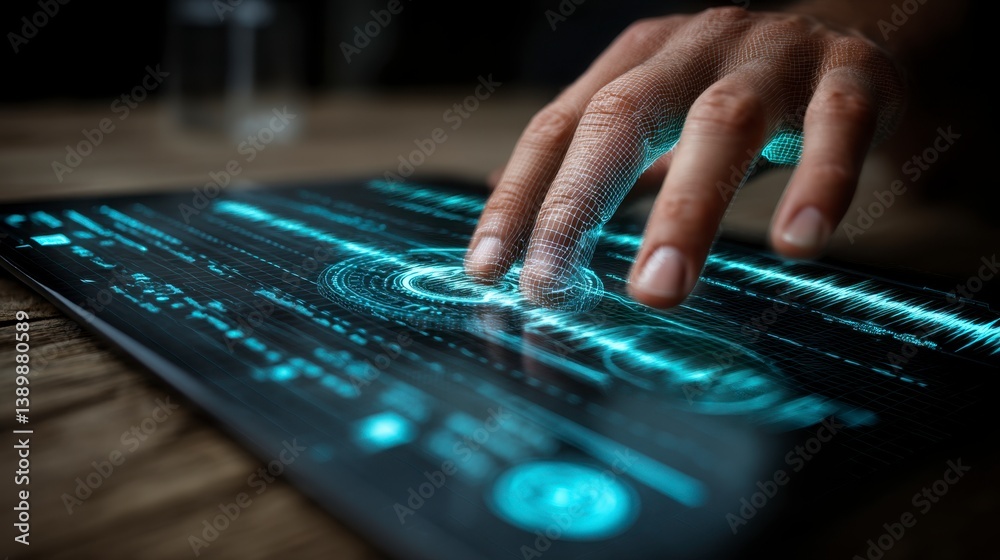 Poster close up of a hand interacting with a futuristic tablet displaying glowing blue data streams on a wo