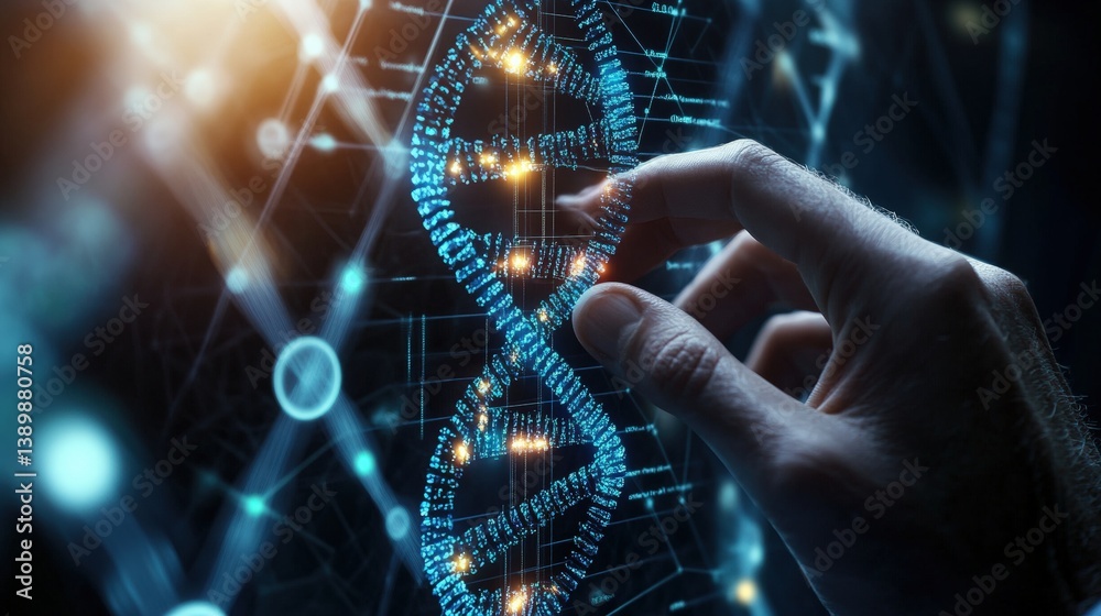Poster a hand engages with a luminous dna double helix in an intricate digital backdrop of interconnected n