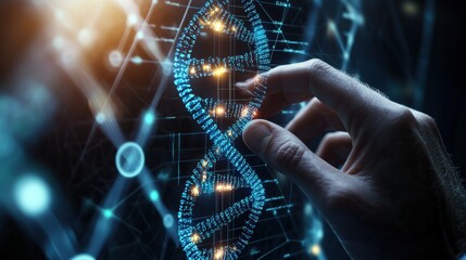 A hand engages with a luminous DNA double helix in an intricate digital backdrop of interconnected nodes and lines, symbolizing complexity and life.