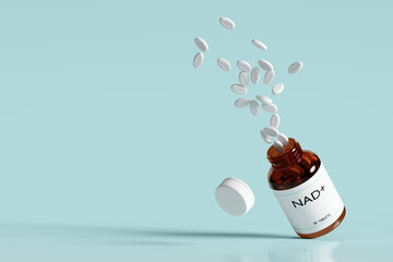Brown glass bottle with NAD+ pills bursting out, set against soft blue background. Concept of NAD anti-aging therapy, medicine and healthcare. Copy space. 3d rendered, illustration