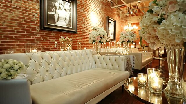 Elegant wedding lounge, brick loft, floral centerpieces, romantic ambiance