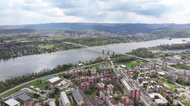 Aerial Drone View of European City ith River and Bridge Panorama
