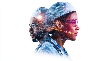 Double exposure portrait of Black male and female healthcare professionals with vibrant cityscape background at night showcasing urban life and diversity