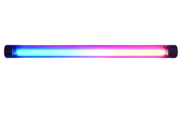 Vibrant dual color neon light tube glowing brightly against a textured purple wall emitting cool