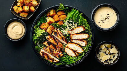 Overhead view of a chicken caesar salad with croutons and dressing on a black background surface