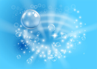 Shining bubbly soapy water with bubbles and washing liquid texture. Vector realistic detergent or cosmetic products with suds and foam, toothpaste with air filled spheres. Laundry and hygiene