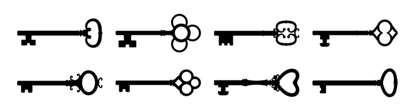 Classic victorian style keys set with curved handle and aged weathered finish. Vector realistic vintage tools and instruments for home, items for opening doors. Luxurious room passkeys silhouettes