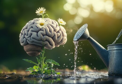 Creative depiction of a brain growing with daisies, being watered for growth.