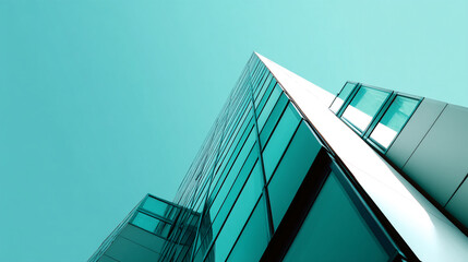Fototapeta na wymiar Low-angle view of teal glass building facade against a light teal sky, showcasing modern architecture and design, representative of corporate success and urban landscape