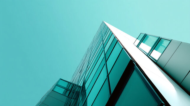 Low-angle view of teal glass building facade against a light teal sky, showcasing modern architecture and design, representative of corporate success and urban landscape