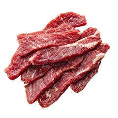 Obraz premium Thinly sliced marbled beef strips, gourmet quality, isolated transparent background.