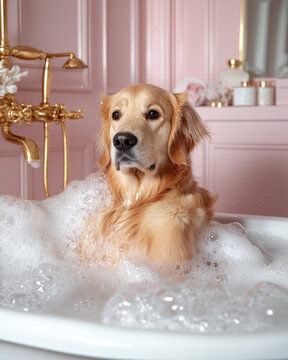 Spa day for a dog in a fancy pink bathroom with warm tones, golden fixtures, and a tub filled with