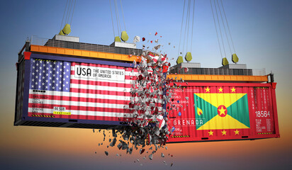 Fototapeta premium Cargo containers with flags of USA and Grenada - 3D illustration