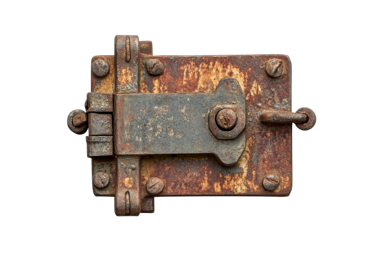 Rusty antique door latch weathered metal details aged iron hardware vintage lock isolated on white