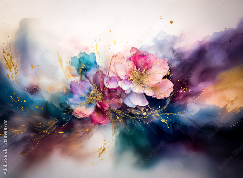 Poster here's the description and keywords: an artistic rendering of flowers amidst a dreamy, cloud-like ba