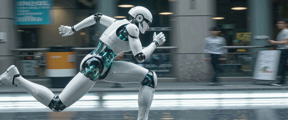 Futuristic Robot Running in City Street Advanced AI Technology Motion Blur