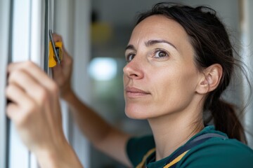 The image captures a focused woman engaged in her renovation task, showcasing her determination and craftsmanship while surrounded by a bright, inviting atmosphere.