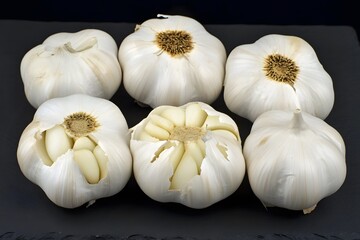 Five White Garlic Bulbs Close Up Shot on Black Background