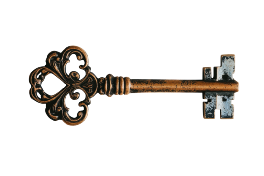 Ornate antique key symbol of secrets mystery and unlocking potential detailed close up shot on white