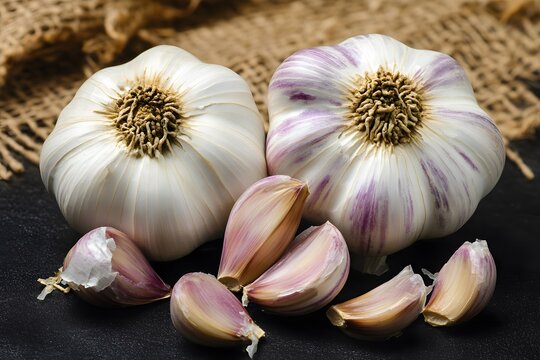 Closeup of Two Garlic Bulbs with Cloves on Dark Background