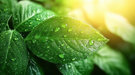 Close-up view of vibrant green leaves adorned with glistening water droplets and warmly illuminated by soft sunlight in a natural serene environment