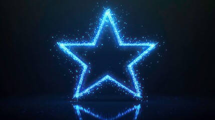 Neon blue glowing star icon on dark background. Blue light lines, sparkles create festive mood. Three-dimensional star shape. Award symbol design. Modern illustration, suitable for web app design