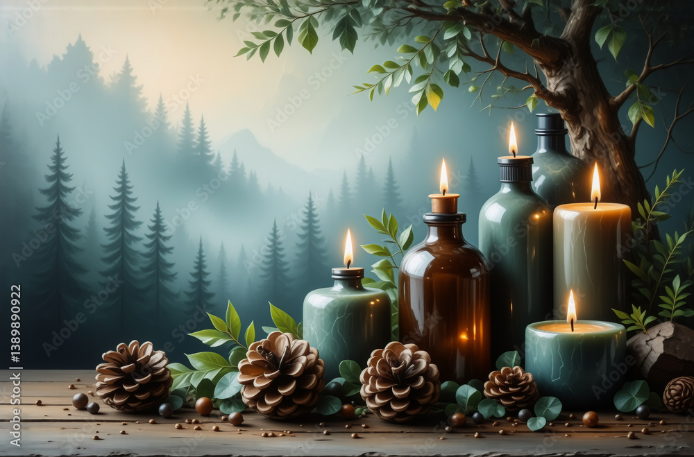 Poster A serene forest scene evokes tranquility. Candles glow, beside forest items on a wood surface beneath a tree. Hints of natural light and a misty background create a calm atmosphere.