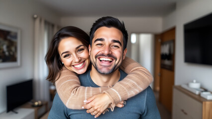 Obraz premium A couple is smiling. The woman is embracing the man.