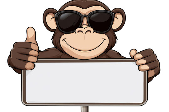 Cartoon Monkey Illustration With Sunglasses Holding A Blank Signboard