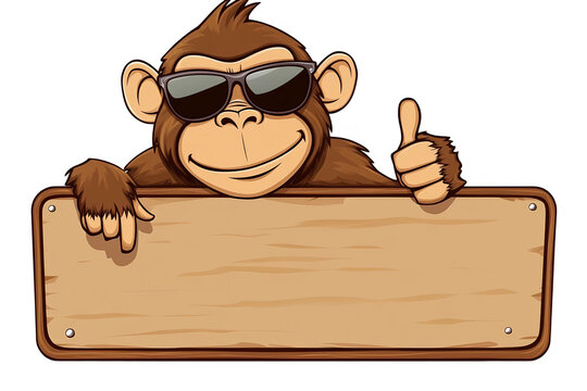 Cartoon Monkey Wearing Sunglasses Holds A Wooden Sign With Thumbs Up Illustration