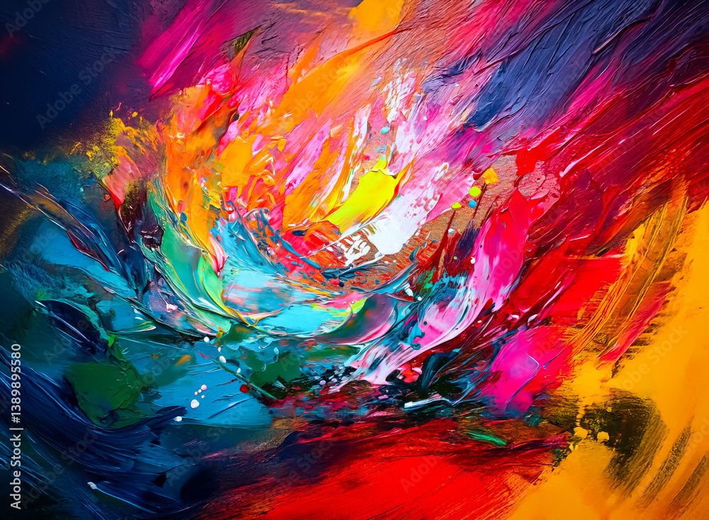 Poster a vibrant, abstract display of color bursts forth, a fiery explosion of mixed hues with visible brus