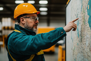 A construction worker studies a map in a warehouse, wearing safety gear and focused on the task.