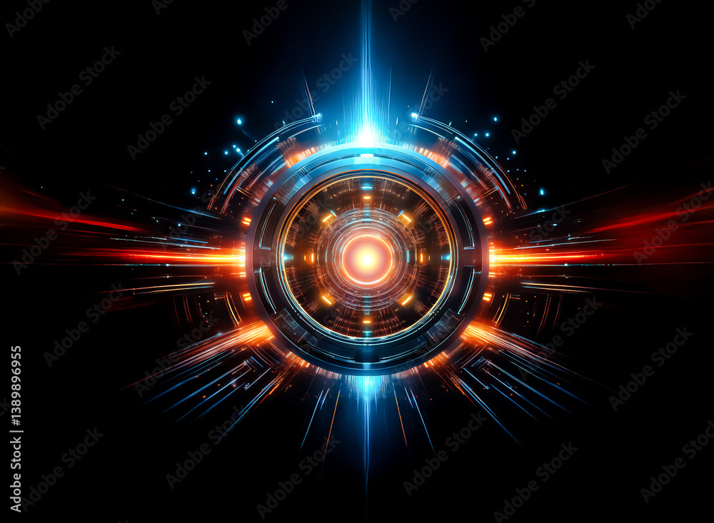 Poster this image showcases a vibrant, circular energy field with radiant beams of light emanating outwards