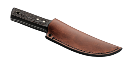 Exquisite leather sheath knife with intricate design and craftsmanship perfect for outdoor adventures and collectors, isolated a transparent background.