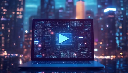 Fototapeta premium Streaming play button icon hologram in front of laptop, handheld with cityscape background, digital media and entertainment theme