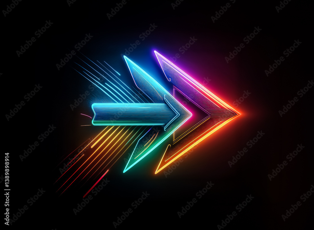 Aufkleber here's the description and keywords: a neon-colored arrow with a luminous, futuristic design is show