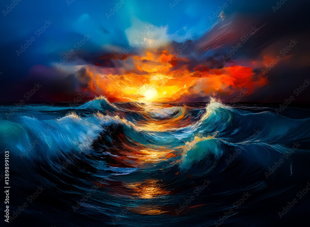 Poster an eye-catching ocean painting. the waves of the ocean reflect the light from a blazing sunset and c