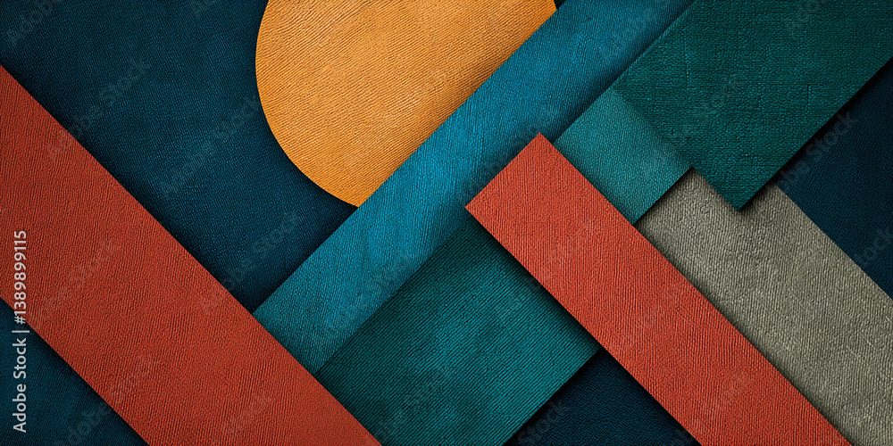 Aufkleber Abstract geometric pattern with textured shapes in teal, orange, red, and gray hues creating a modern, dynamic design suitable for various applications like website backgrounds or presentations