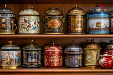 Elegantly arranged collection of vintage tea tins on a wooden shelf Generative AI