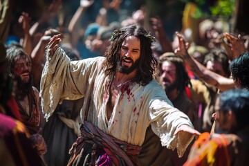 Medieval reenactment scene with a man dressed as Jesus surrounded by a cheering crowd outdoors